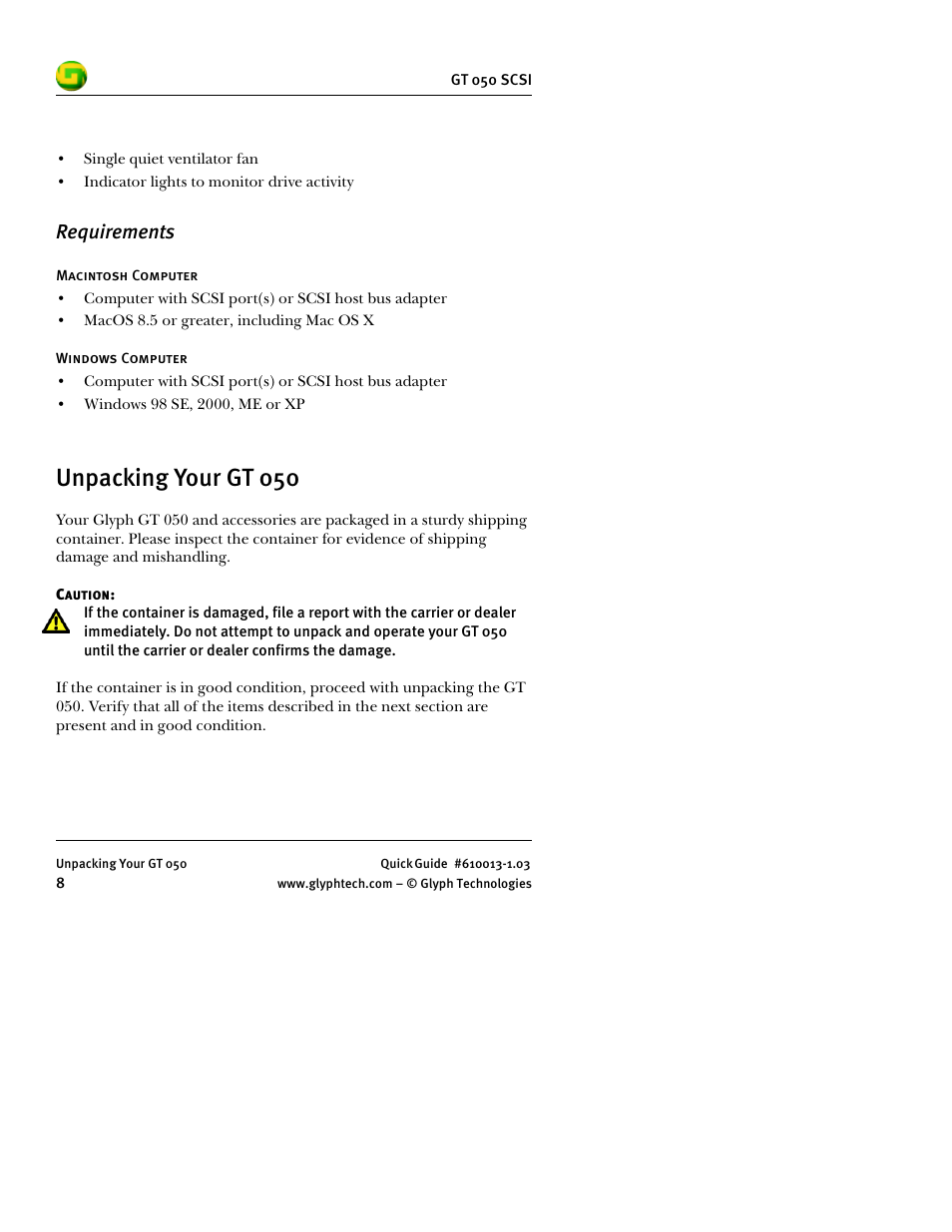 Requirements, Unpacking your gt 050 | Glyph GT 050 SCSI User Manual | Page 10 / 26