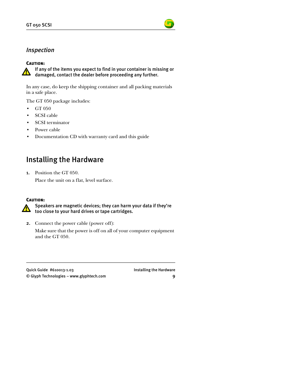 Inspection, Installing the hardware | Glyph GT 050 SCSI User Manual | Page 11 / 26