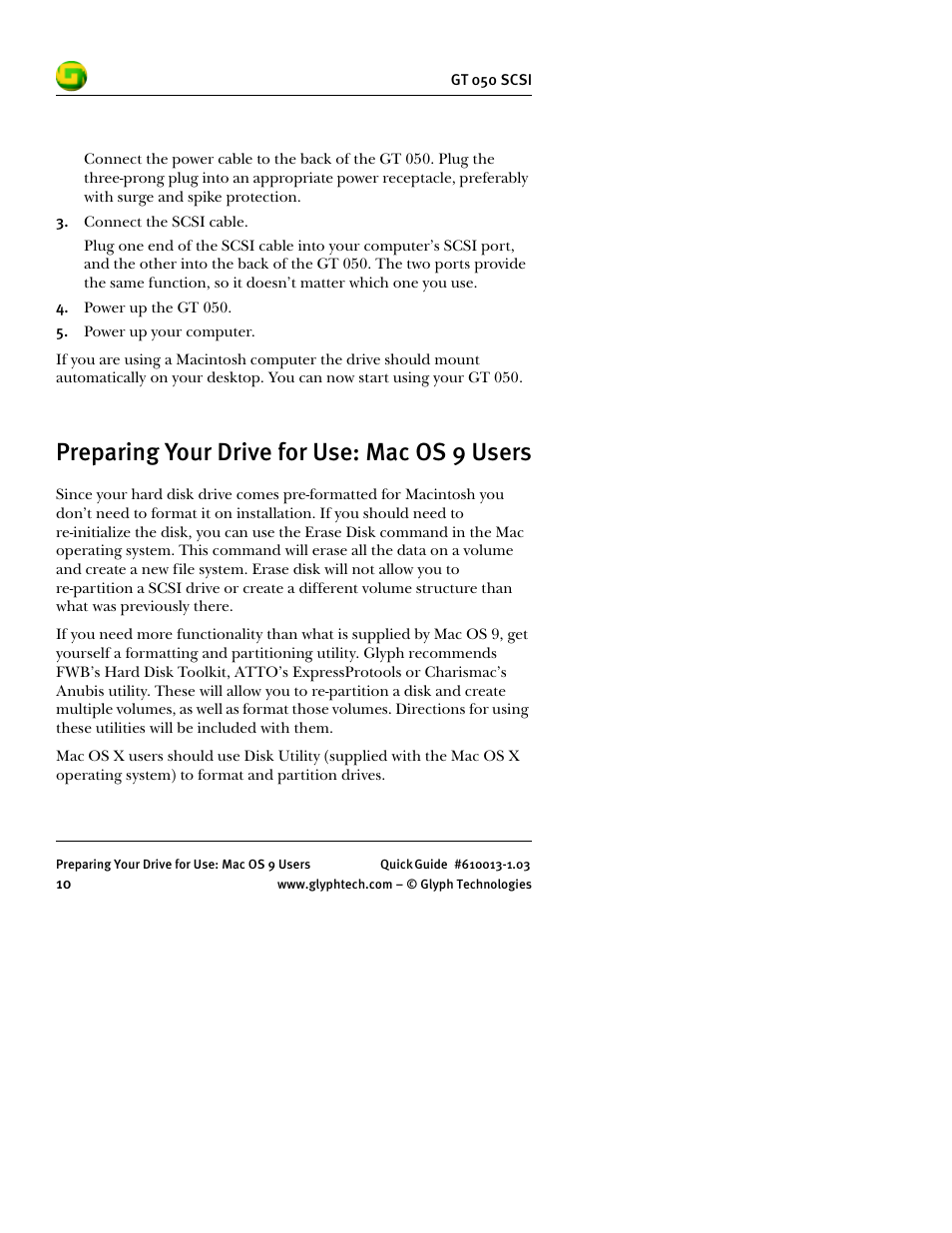 Preparing your drive for use: mac os 9 users | Glyph GT 050 SCSI User Manual | Page 12 / 26