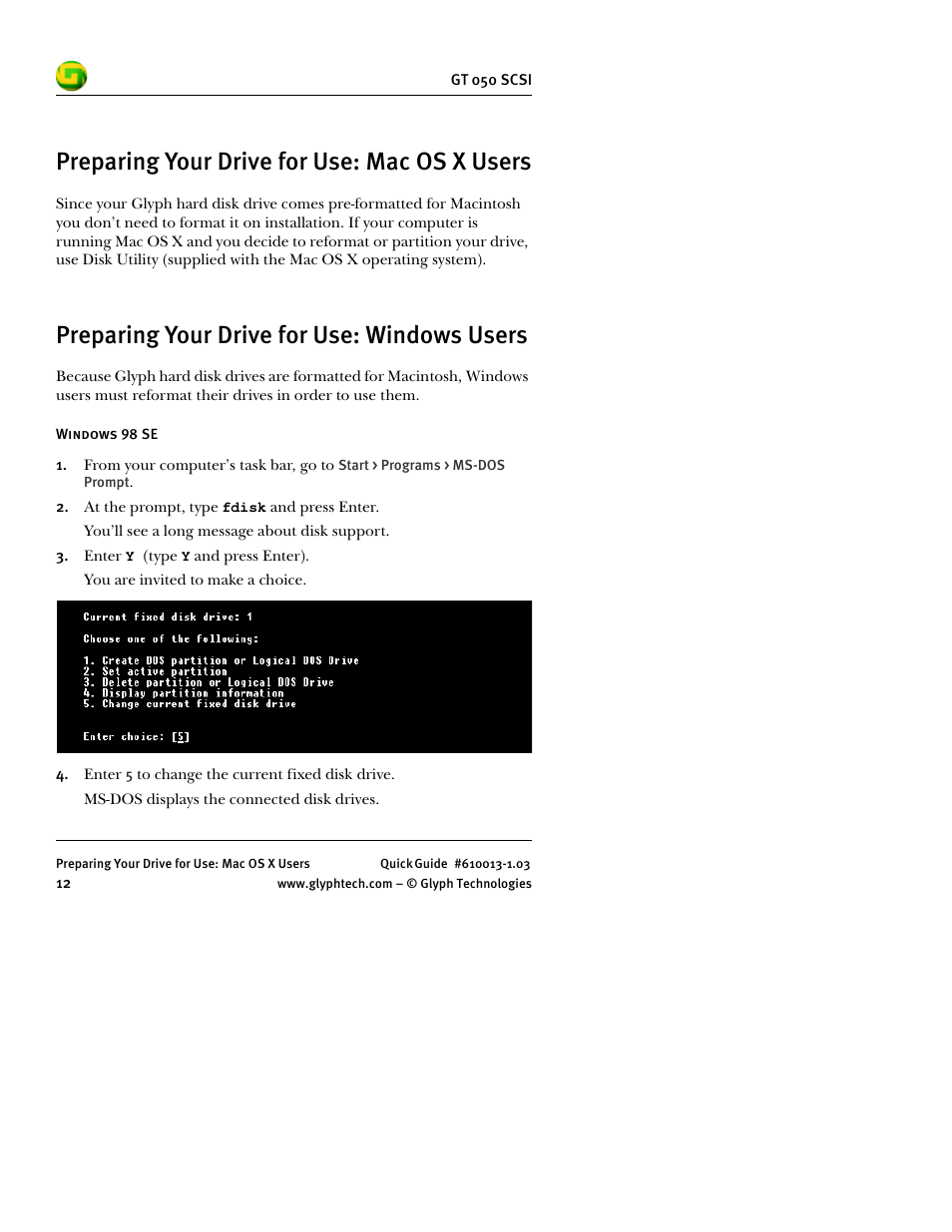 Preparing your drive for use: mac os x users, Preparing your drive for use: windows users | Glyph GT 050 SCSI User Manual | Page 14 / 26