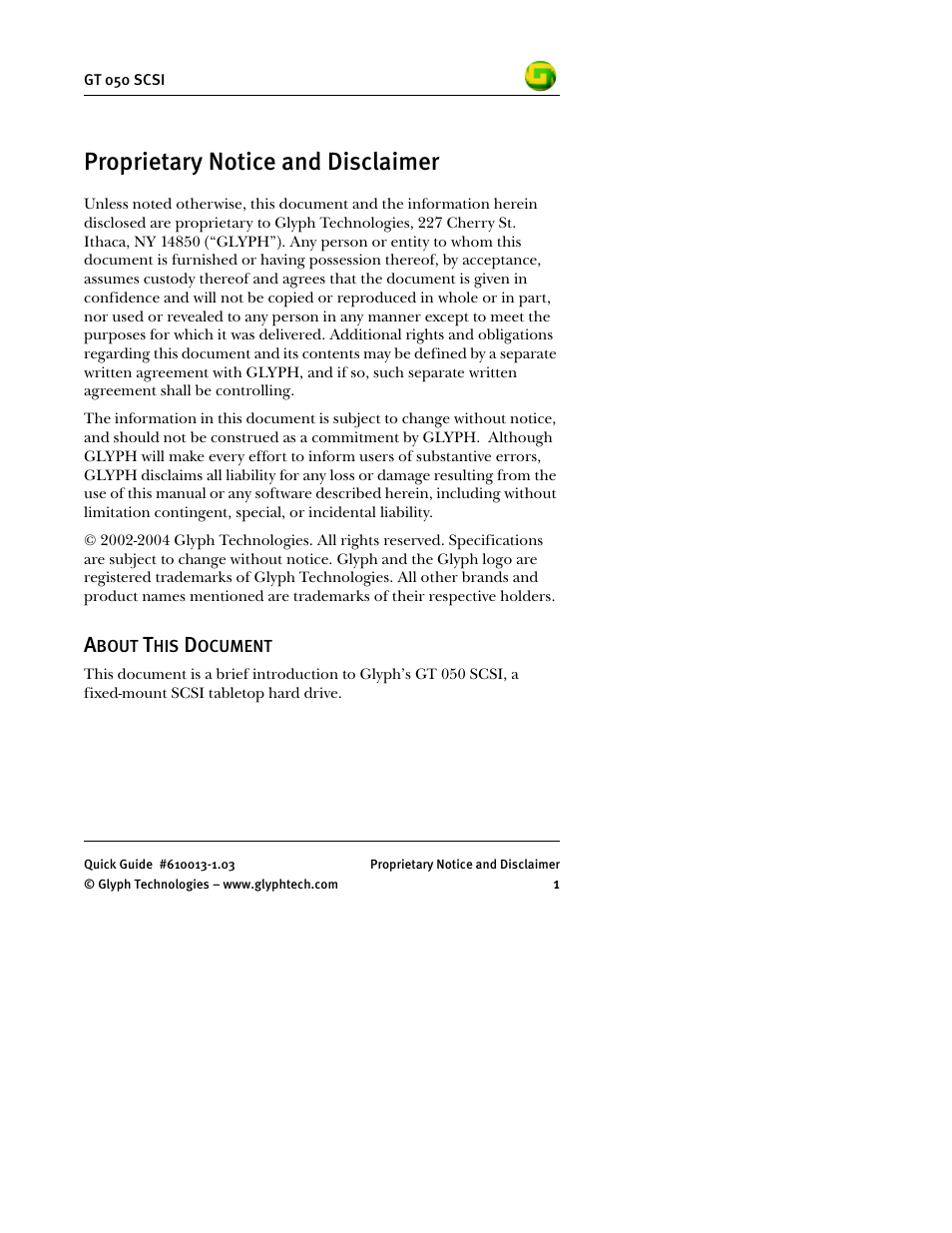 Proprietary notice and disclaimer | Glyph GT 050 SCSI User Manual | Page 3 / 26