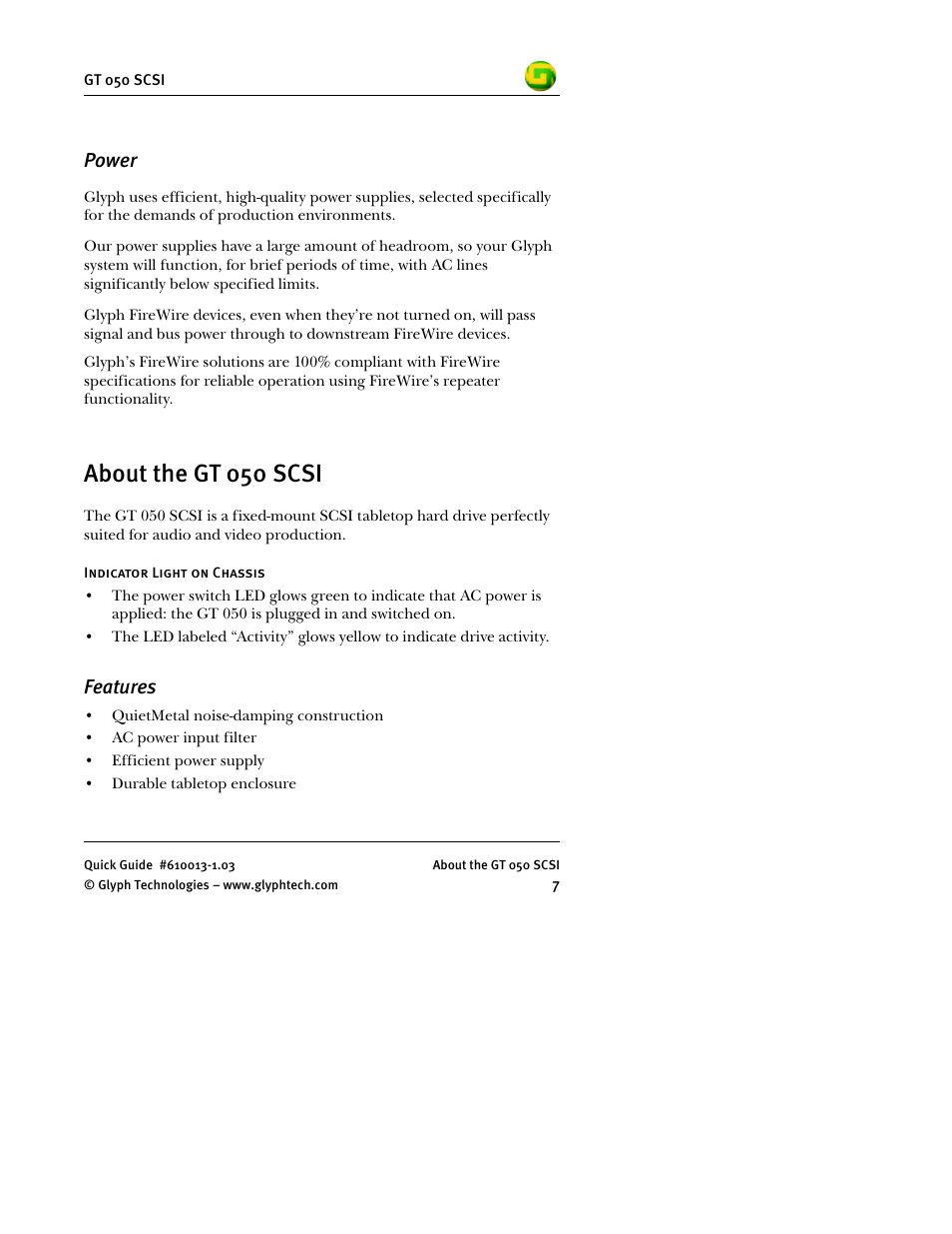 Power, About the gt 050 scsi, Features | Glyph GT 050 SCSI User Manual | Page 9 / 26