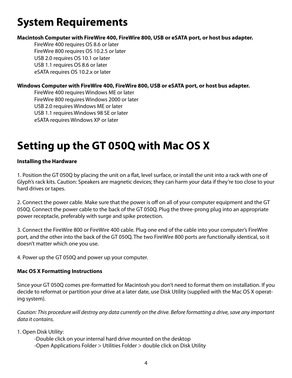 System requirements, Setting up the gt 050q with mac os x | Glyph GT 050Q User Manual | Page 4 / 9