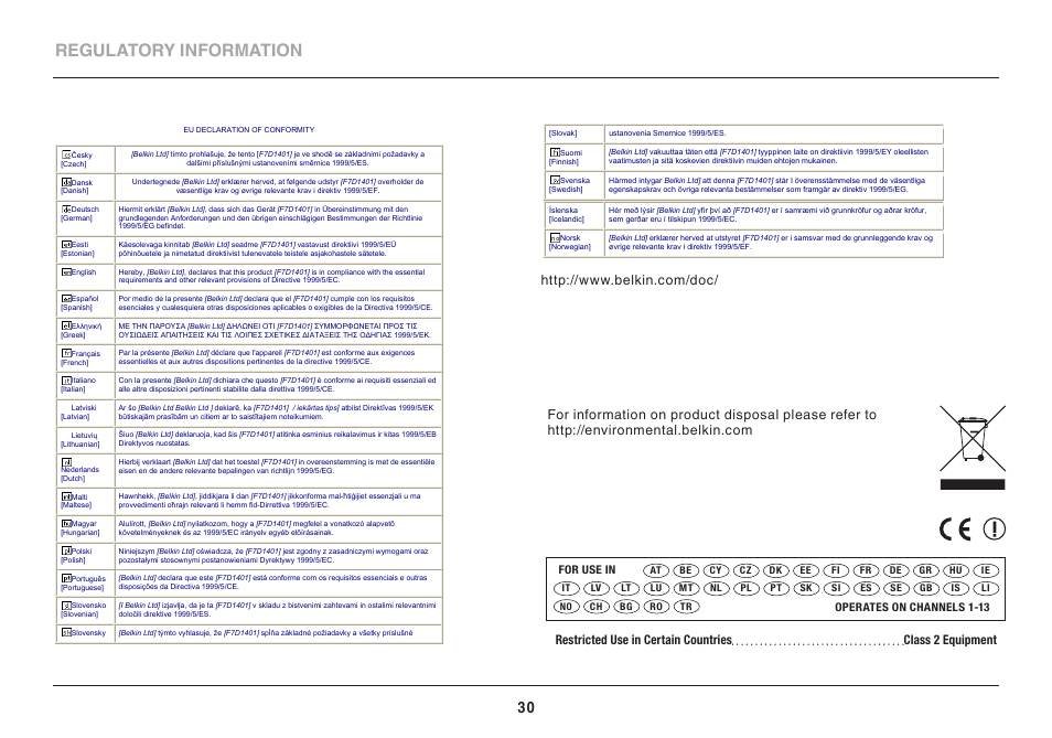 Regulatory information | Belkin 8820ED00388_F7D1401_V1 User Manual | Page 30 / 31