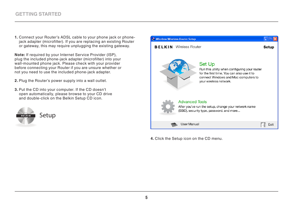 Setup | Belkin 8820ED00388_F7D1401_V1 User Manual | Page 5 / 31