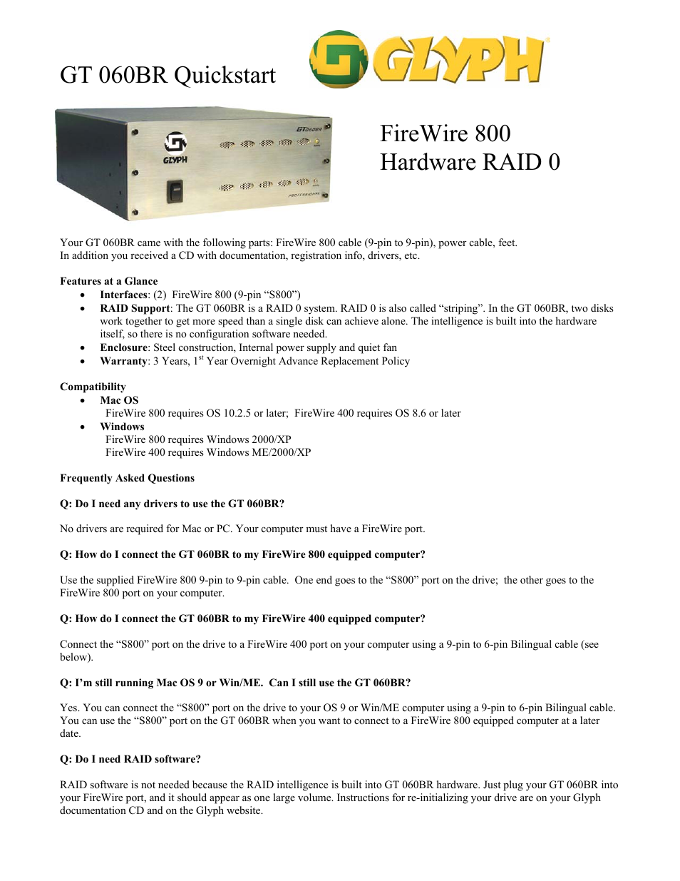 Glyph GT 060BR User Manual | 2 pages