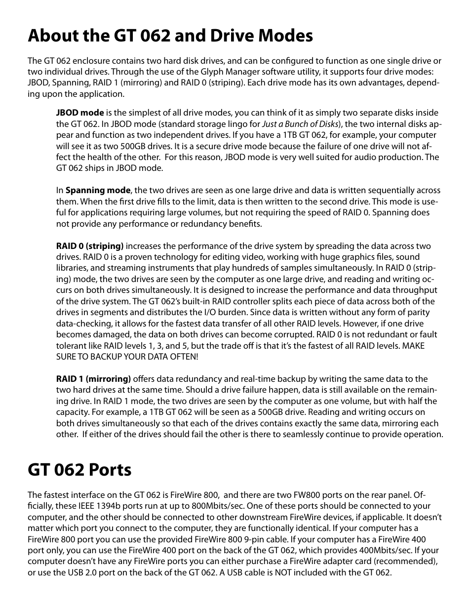 About the gt 062 and drive modes, Gt 062 ports | Glyph GT 062 User Manual | Page 3 / 13