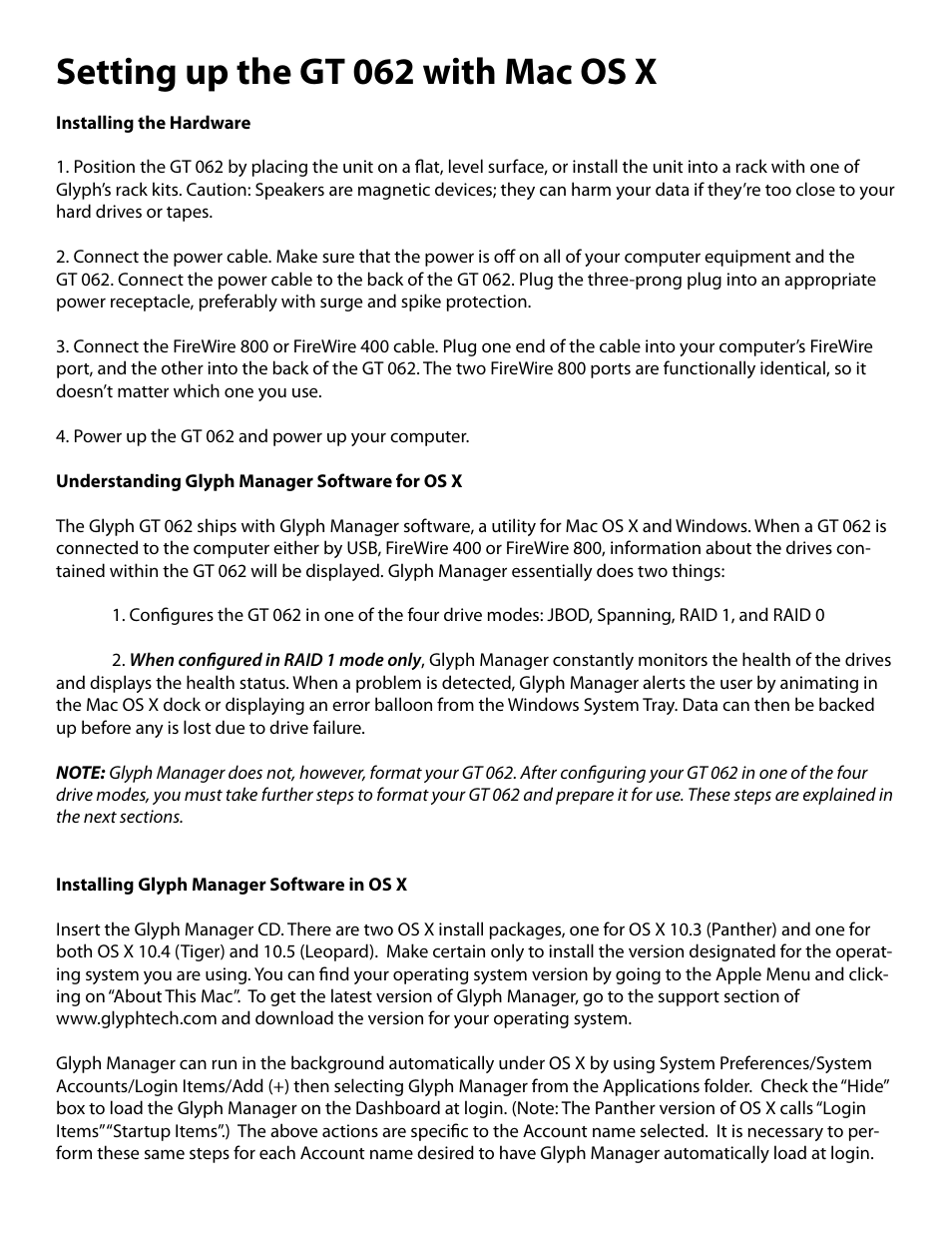 Setting up the gt 062 with mac os x | Glyph GT 062 User Manual | Page 4 / 13