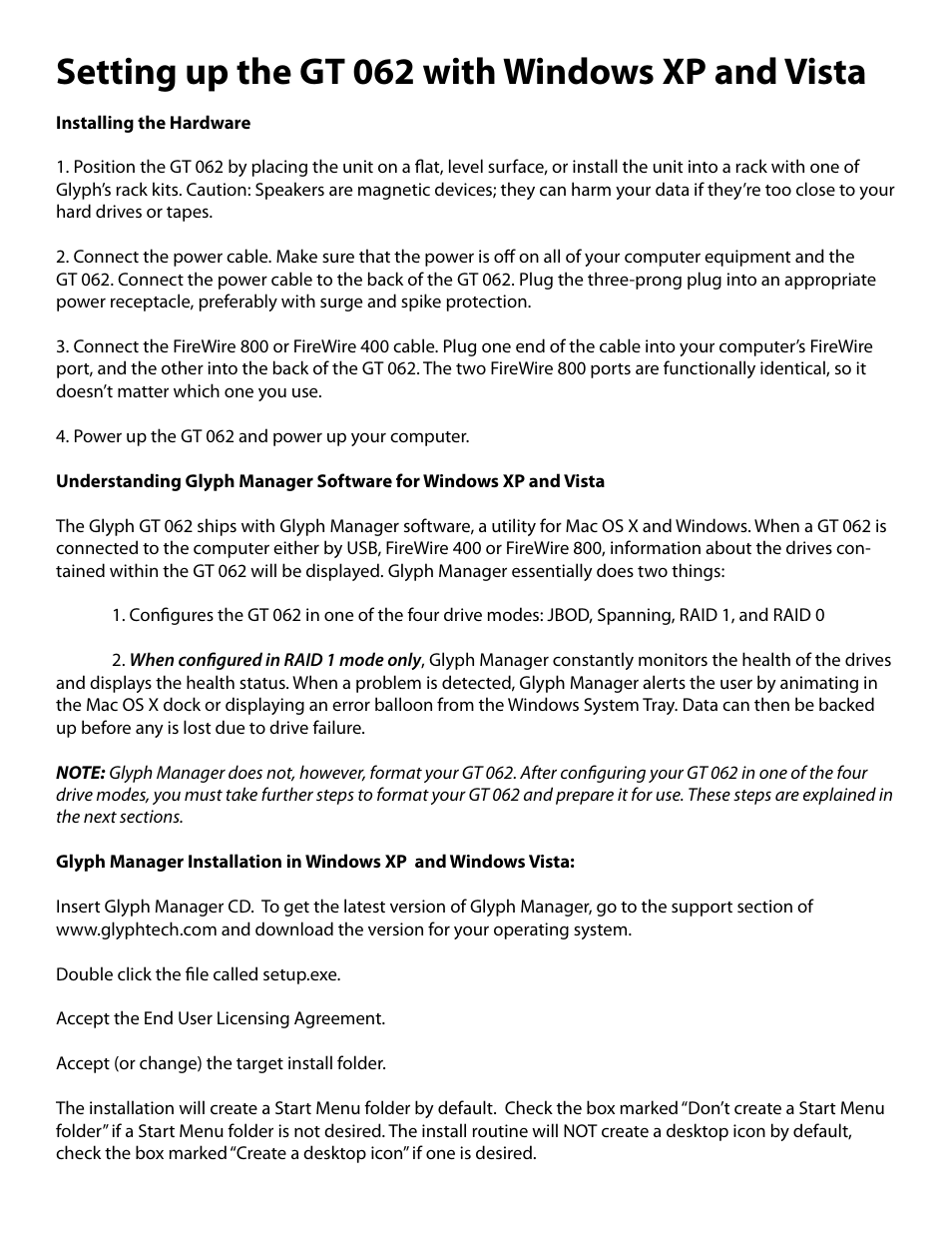 Setting up the gt 062 with windows xp and vista | Glyph GT 062 User Manual | Page 8 / 13