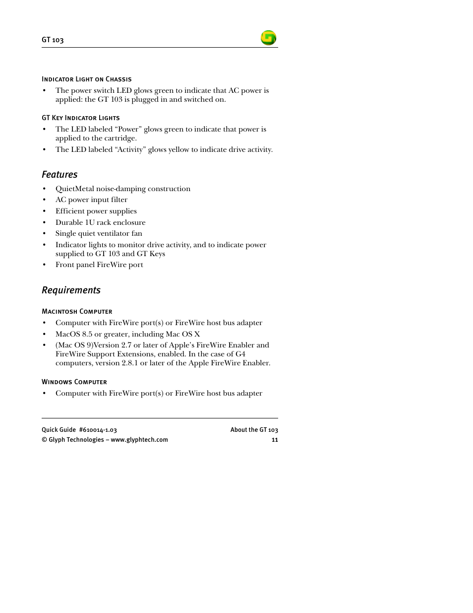 Features, Requirements | Glyph GT 103 User Manual | Page 13 / 32