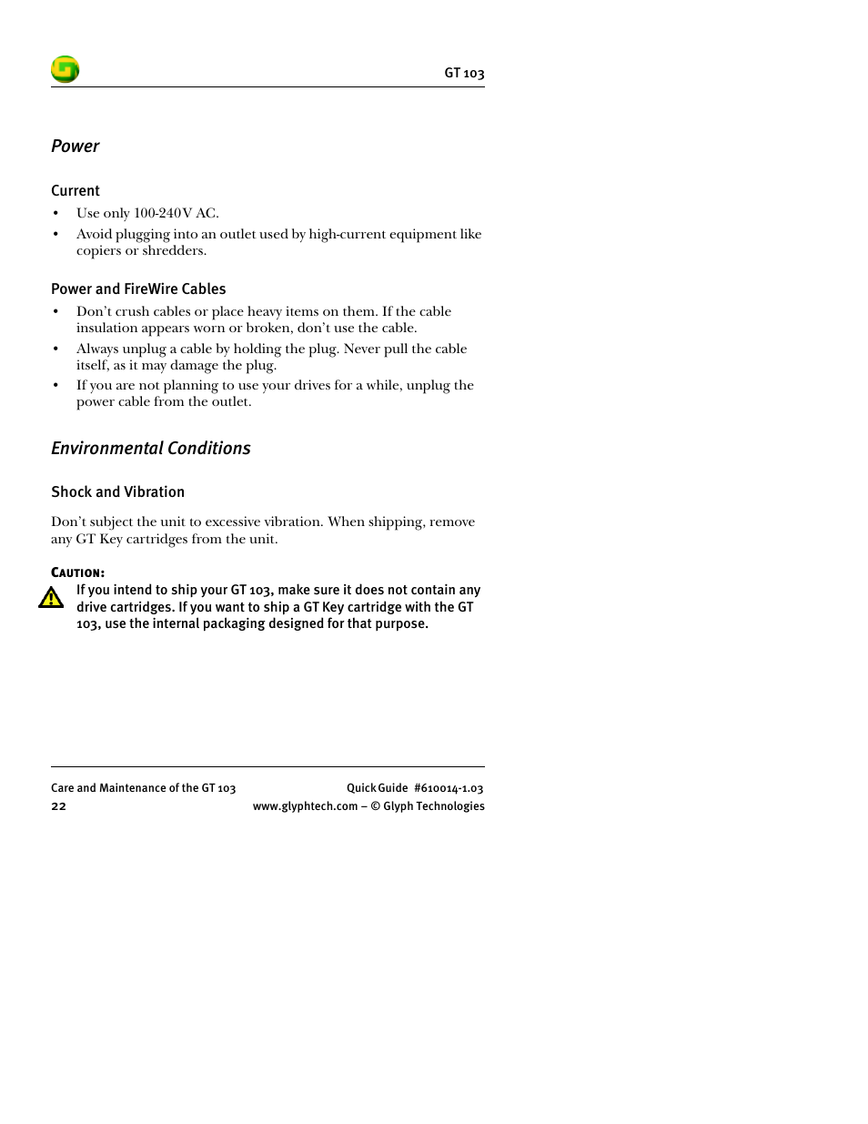 Power, Environmental conditions | Glyph GT 103 User Manual | Page 24 / 32