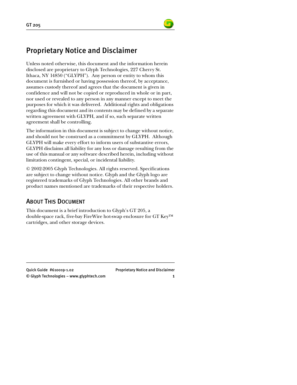 Proprietary notice and disclaimer | Glyph GT 205 User Manual | Page 3 / 30