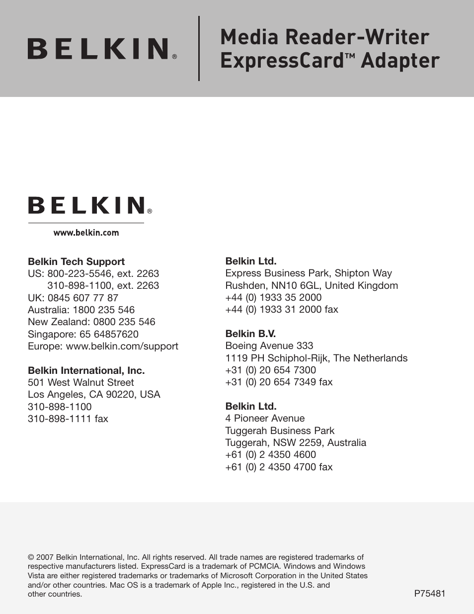 Belkin ExpressCard P75481 User Manual | 10 pages