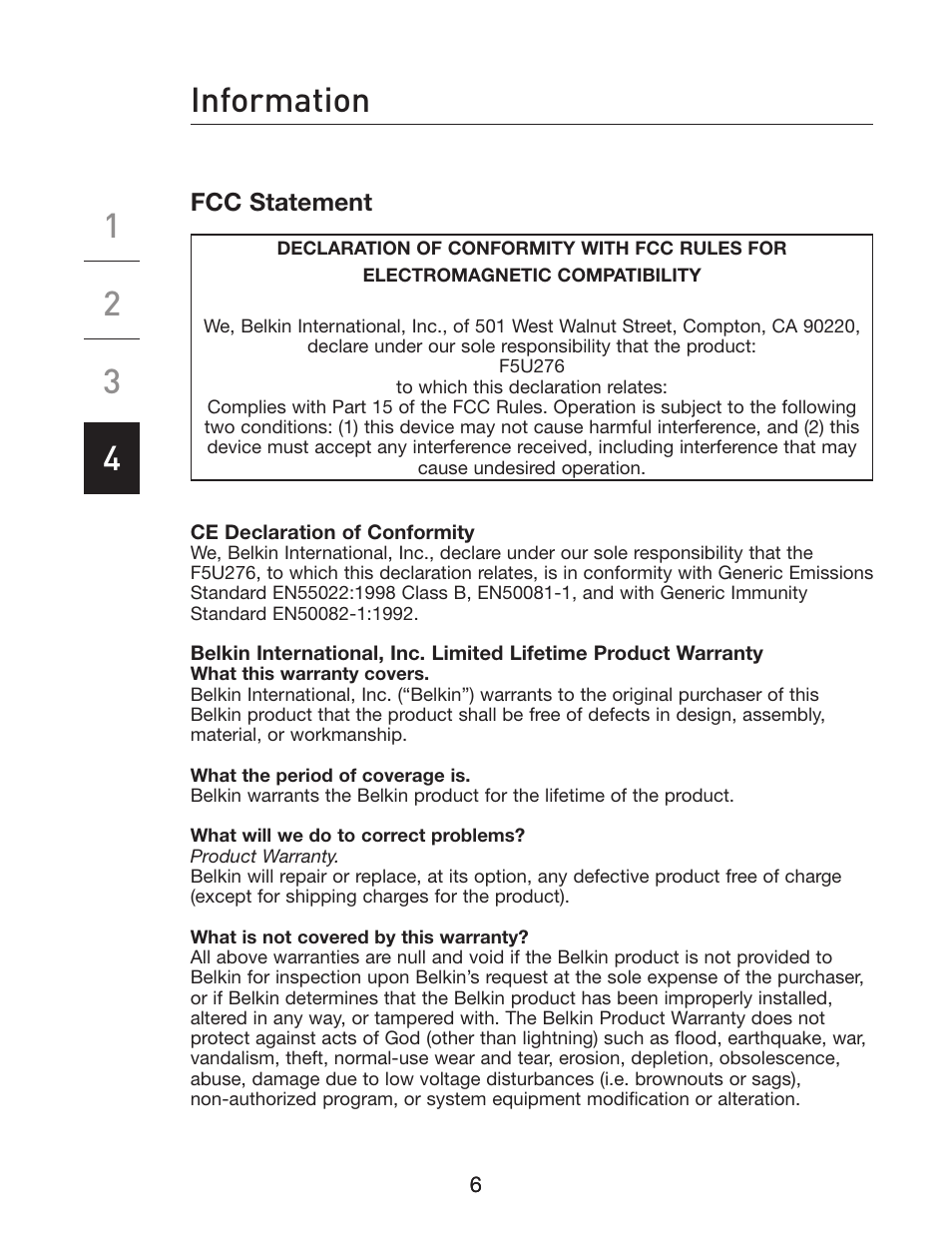 Information, Fcc statement | Belkin ExpressCard P75481 User Manual | Page 9 / 10