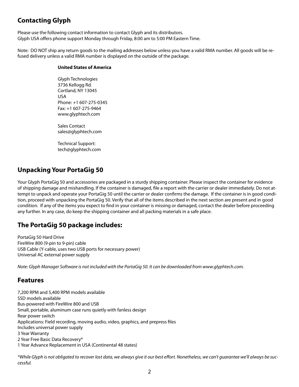 Contacting glyph, Unpacking your portagig 50, The portagig 50 package includes | Features | Glyph PortaGig 50 and SSD User Manual | Page 2 / 6
