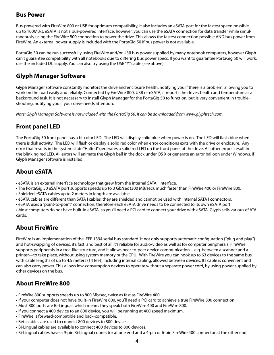 Bus power, Glyph manager software, Front panel led | About esata, About firewire, About firewire 800 | Glyph PortaGig 50 and SSD User Manual | Page 4 / 6