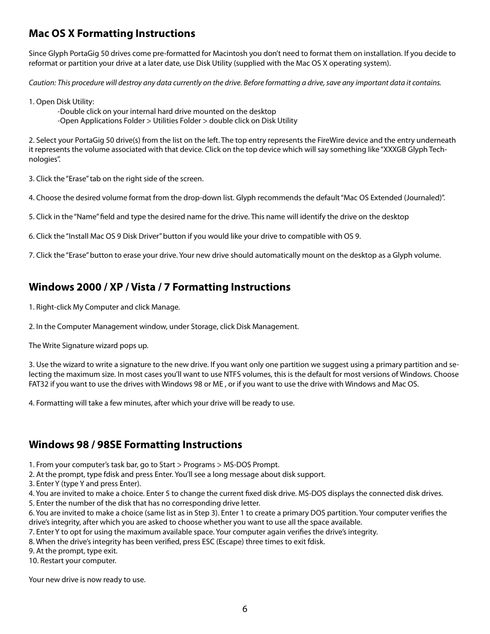 Mac os x formatting instructions, Windows 98 / 98se formatting instructions | Glyph PortaGig 50 and SSD User Manual | Page 6 / 6