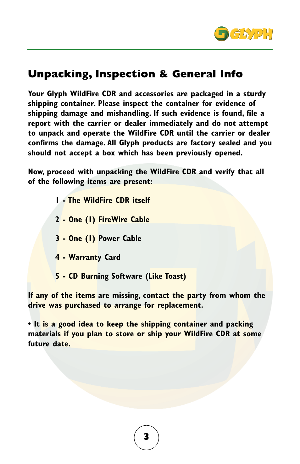 Unpacking, inspection & general info | Glyph Firewire CDR User Manual | Page 3 / 12