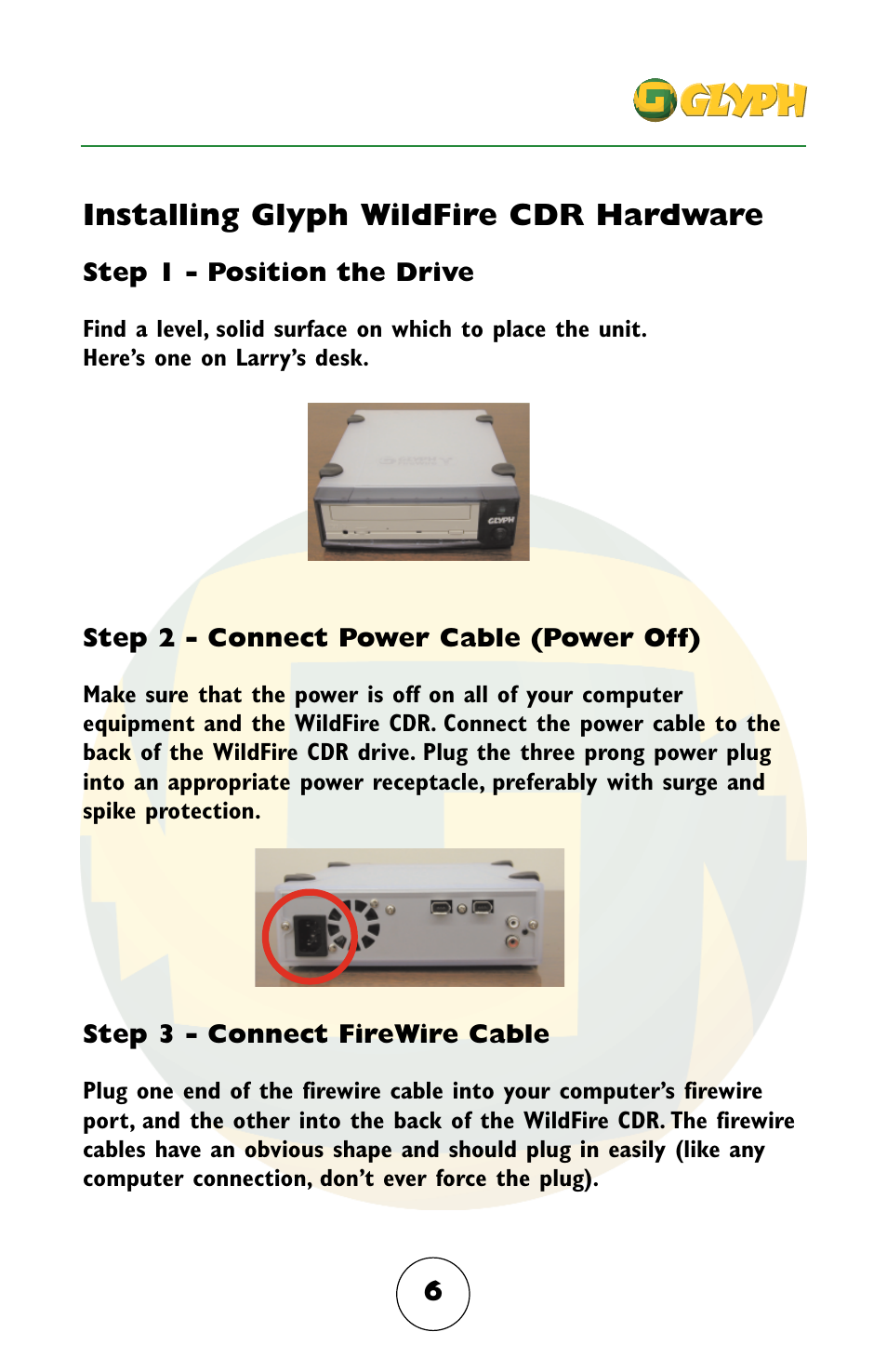 Installing glyph wildfire cdr hardware | Glyph Firewire CDR User Manual | Page 6 / 12