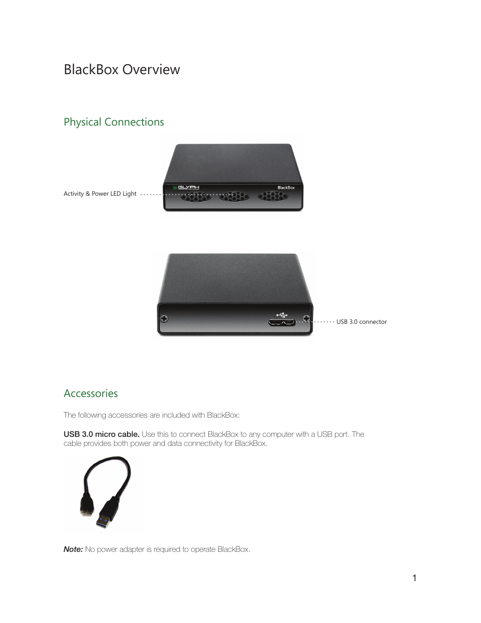 Blackbox overview, Physical connections accessories | Glyph BlackBox User Manual | Page 2 / 4