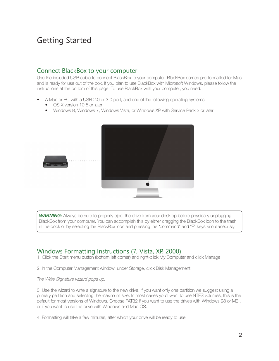 Getting started, Connect blackbox to your computer | Glyph BlackBox User Manual | Page 3 / 4