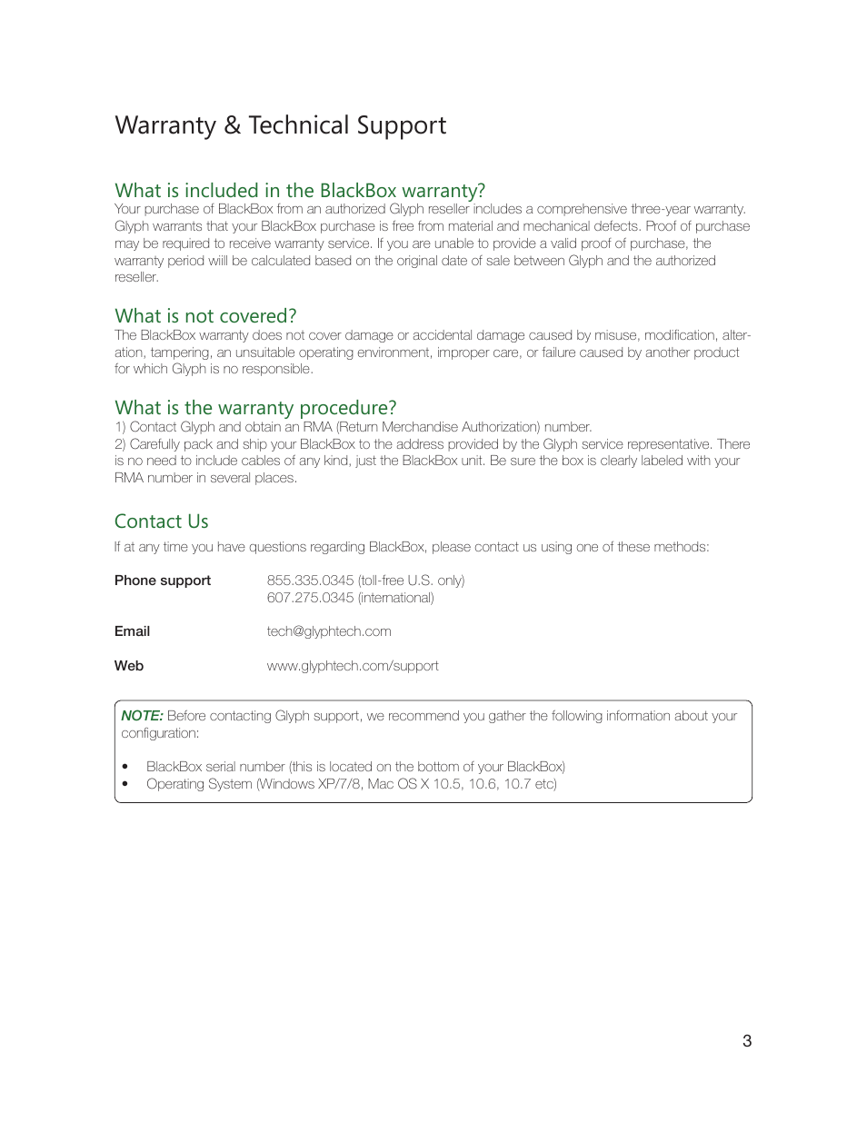 Warranty & technical support, What is included in the blackbox warranty, What is not covered | What is the warranty procedure, Contact us | Glyph BlackBox User Manual | Page 4 / 4