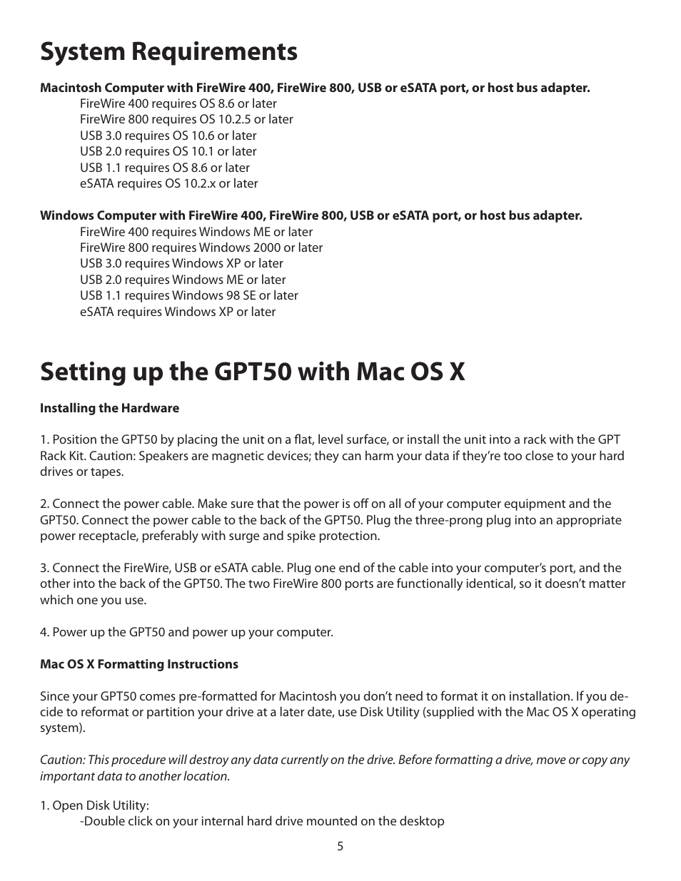 System requirements, Setting up the gpt50 with mac os x | Glyph GPT50 User Manual | Page 5 / 10