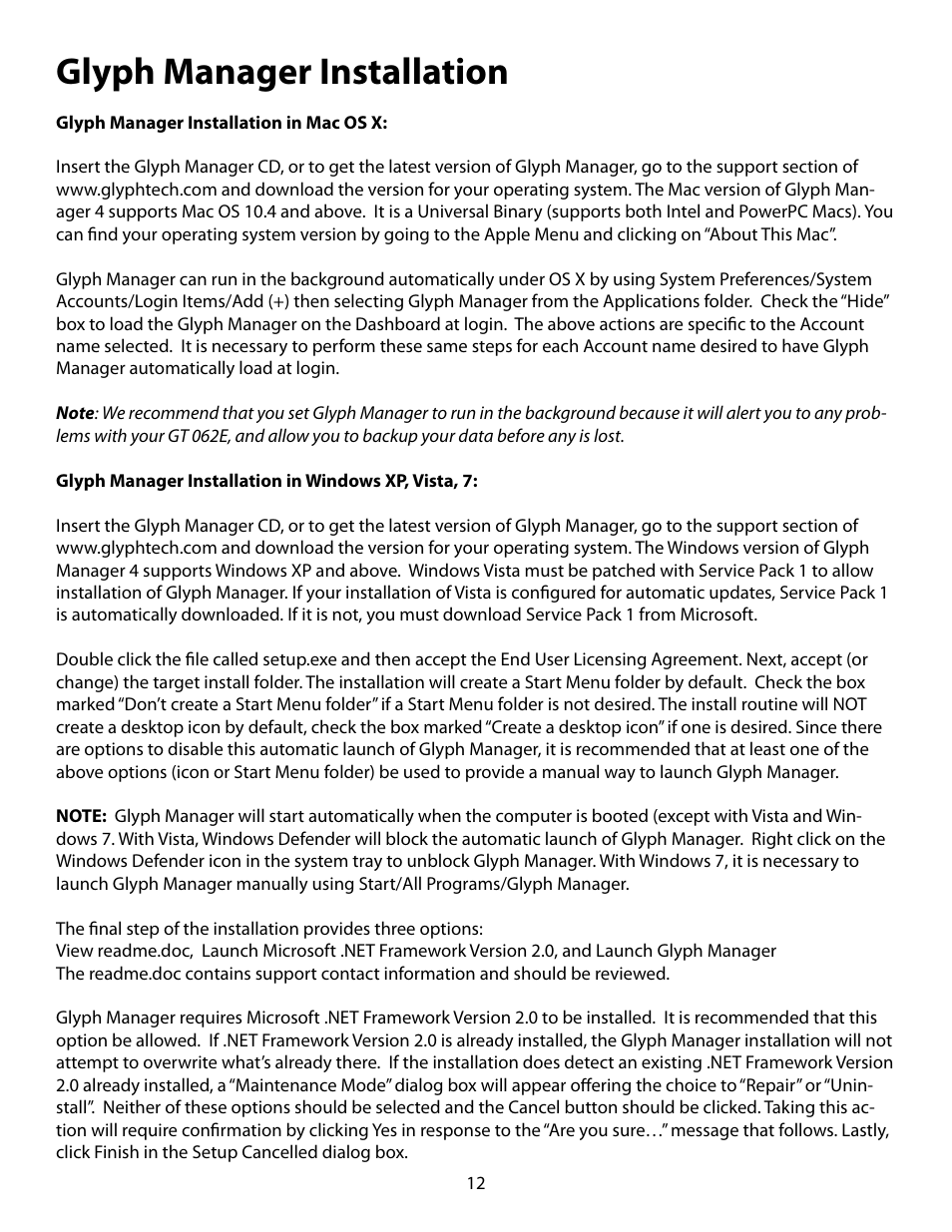 Glyph manager installation | Glyph GT 062E User Manual | Page 12 / 17