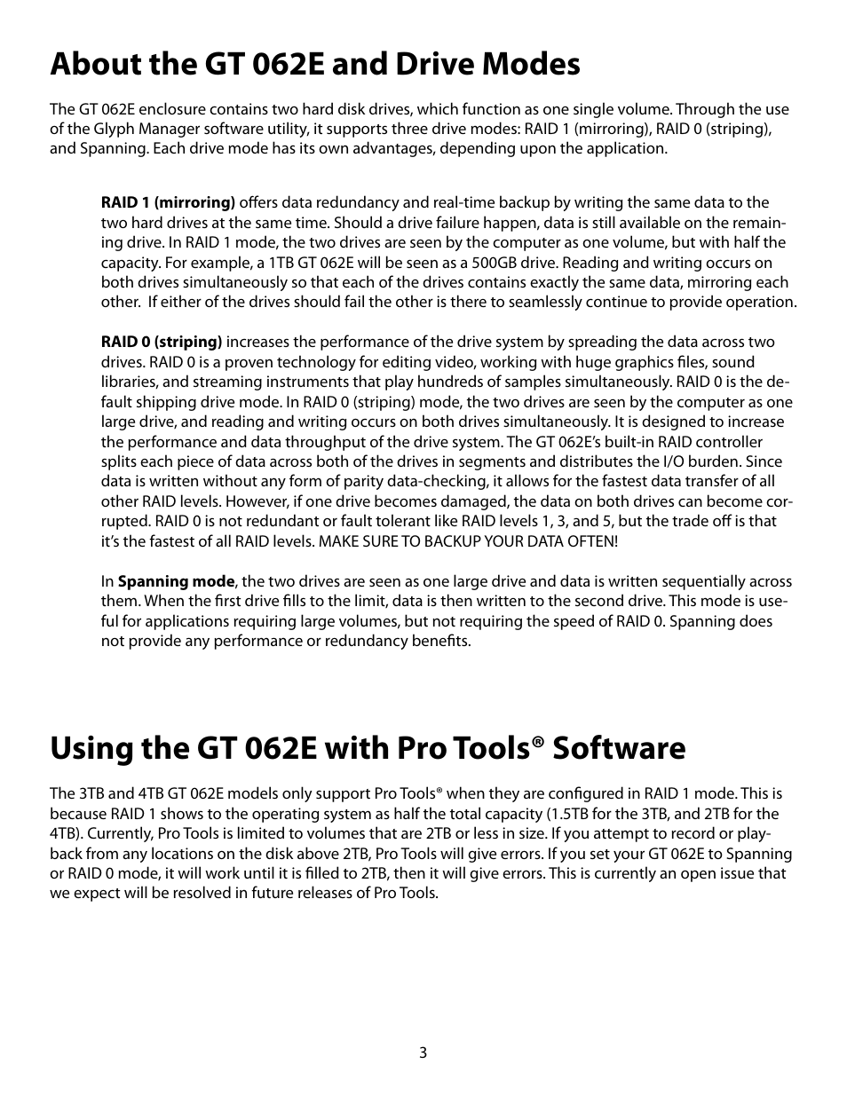 About the gt 062e and drive modes, Using the gt 062e with pro tools® software | Glyph GT 062E User Manual | Page 3 / 17