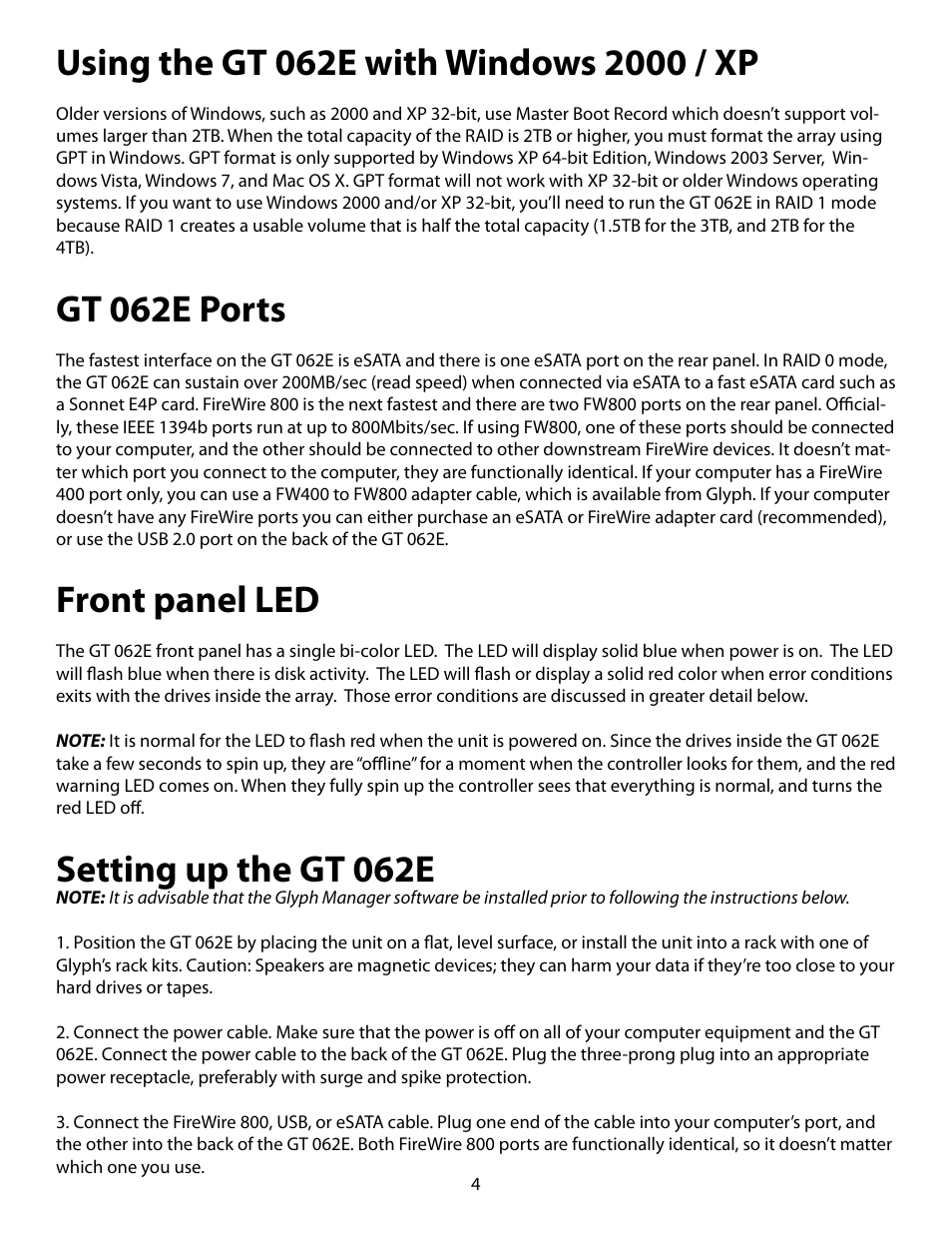 Gt 062e ports, Front panel led, Setting up the gt 062e | Glyph GT 062E User Manual | Page 4 / 17