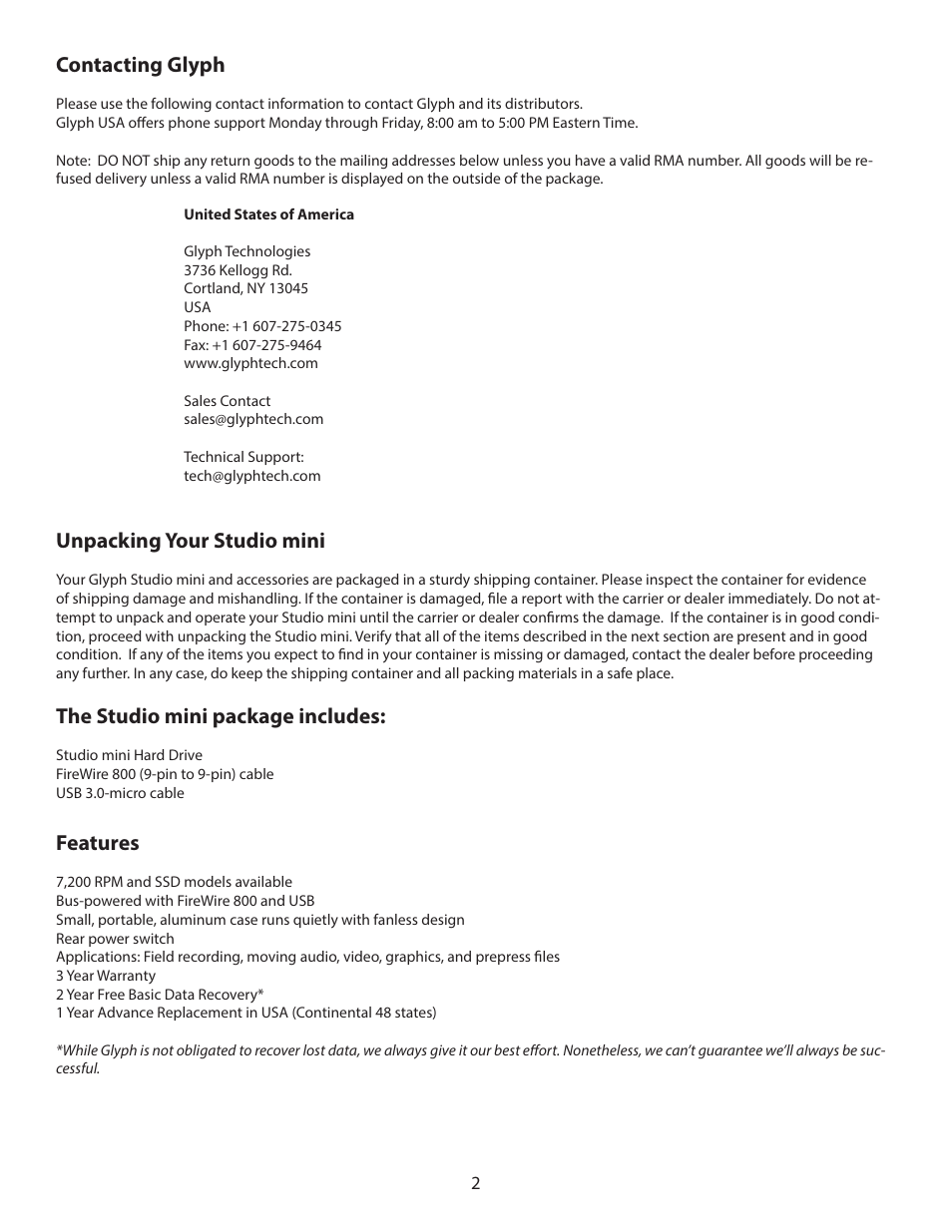 Contacting glyph, Unpacking your studio mini, The studio mini package includes | Features | Glyph Studio mini User Manual | Page 2 / 6