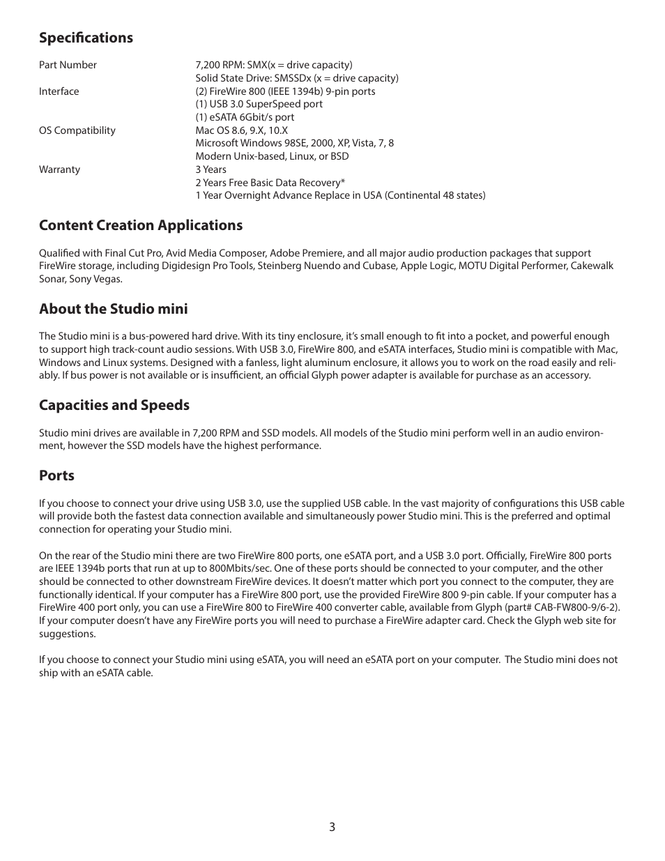 Specifications, Content creation applications, About the studio mini | Capacities and speeds, Ports | Glyph Studio mini User Manual | Page 3 / 6