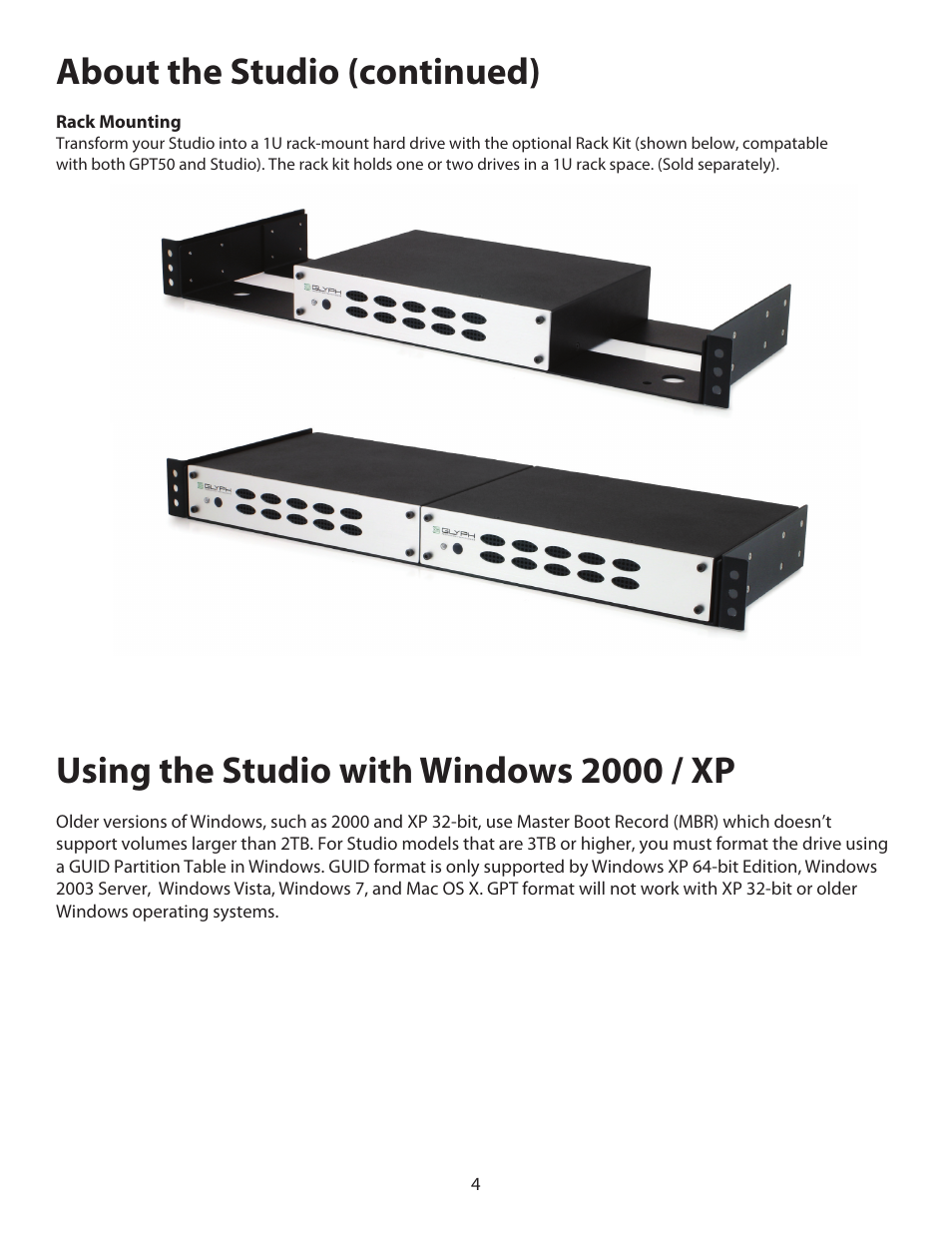 Using the studio with windows 2000 / xp, About the studio (continued) | Glyph Studio User Manual | Page 4 / 10