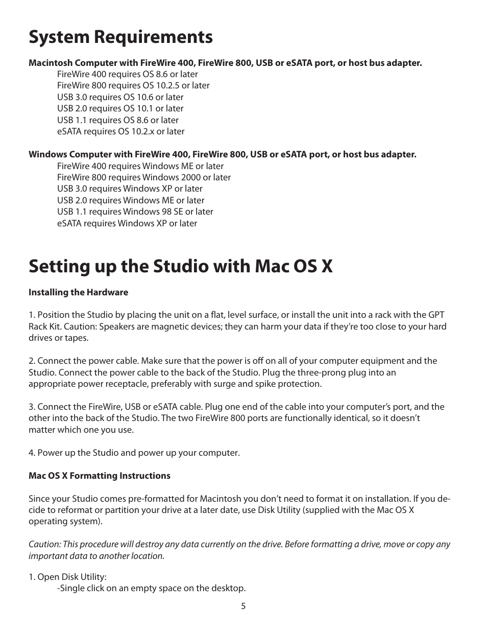 System requirements, Setting up the studio with mac os x | Glyph Studio User Manual | Page 5 / 10