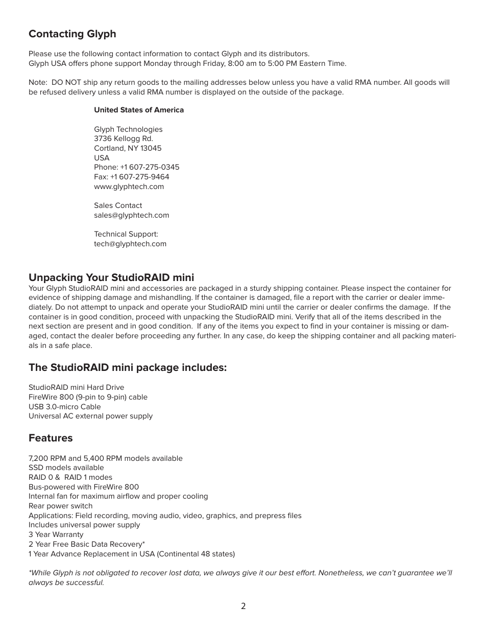 Contacting glyph, Unpacking your studioraid mini, The studioraid mini package includes | Features | Glyph StudioRAID mini User Manual | Page 2 / 6