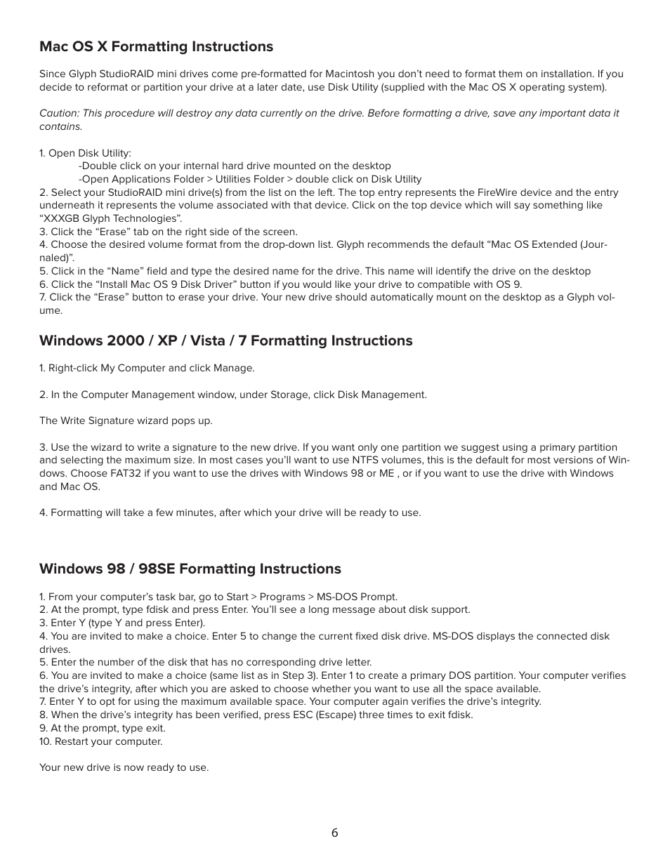 Mac os x formatting instructions, Windows 98 / 98se formatting instructions | Glyph StudioRAID mini User Manual | Page 6 / 6