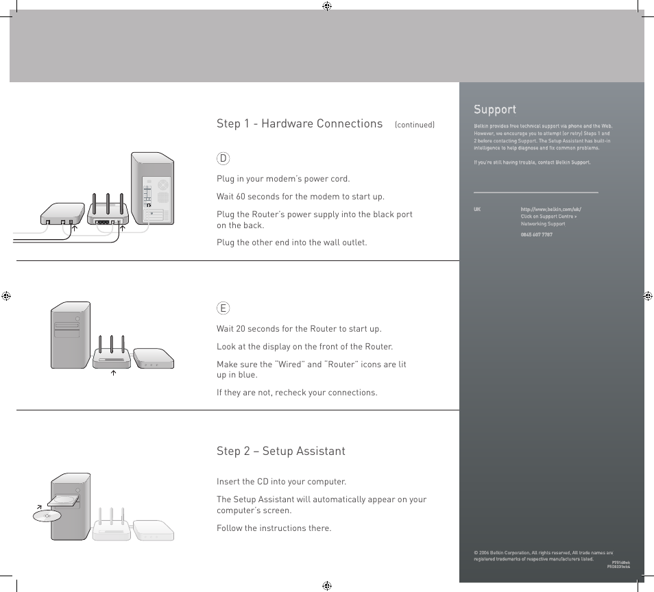 Step 1 - hardware connections, Step 2 – setup assistant support | Belkin ROUTER N1 User Manual | Page 2 / 2