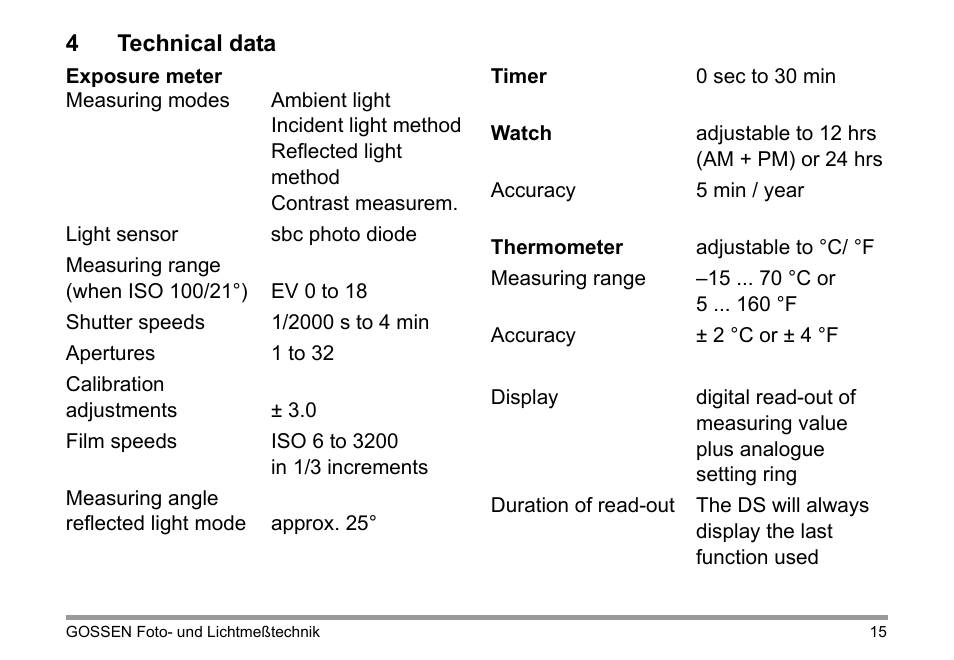 Gossen Digisix User Manual | Page 15 / 16
