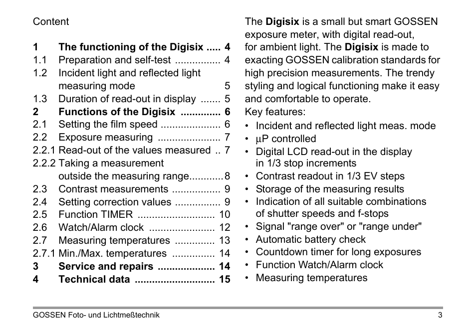 Gossen Digisix User Manual | Page 3 / 16