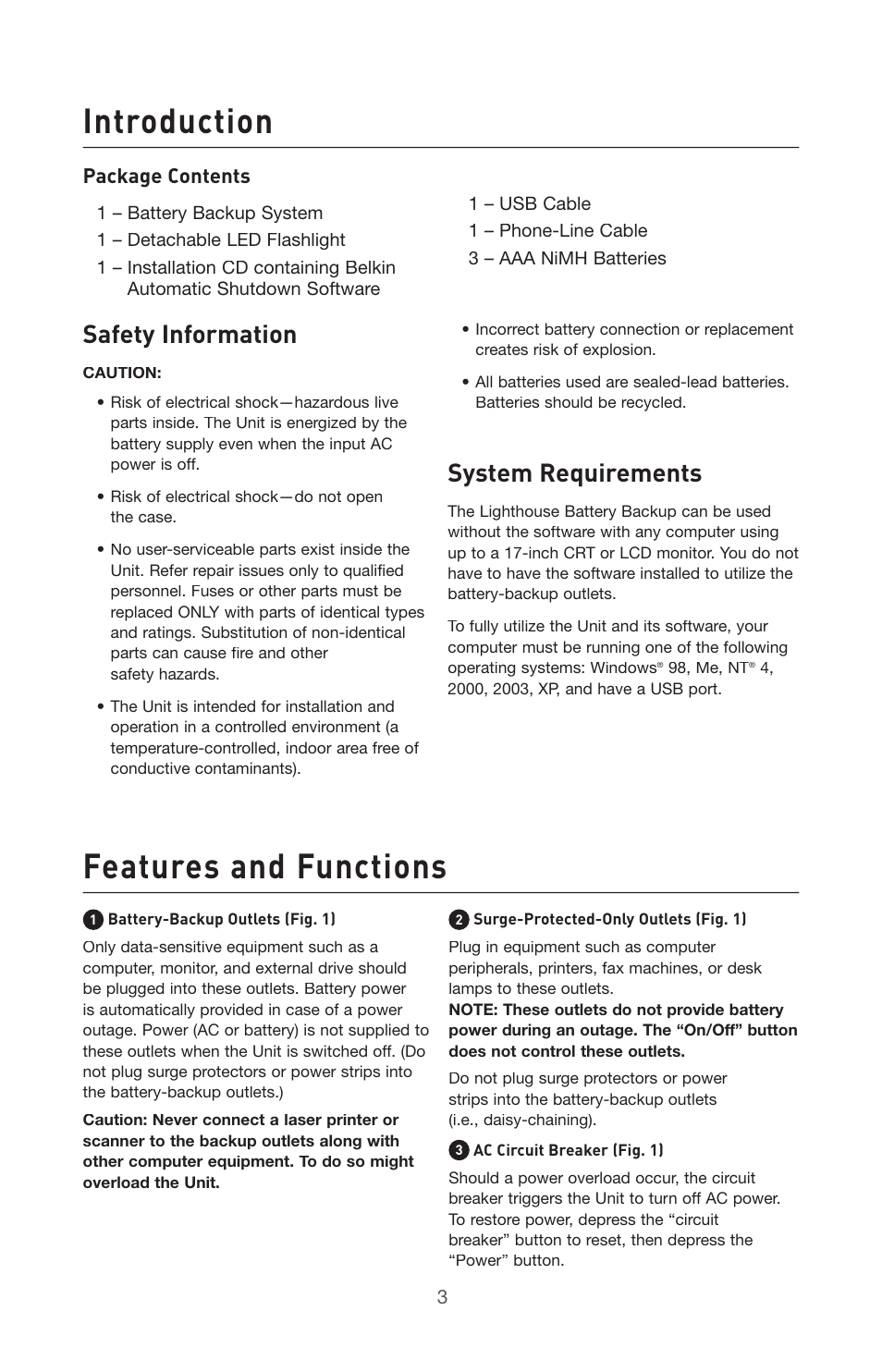 Introduction features and functions, Safety information, System requirements | Package contents | Belkin BU305500-USB User Manual | Page 3 / 12