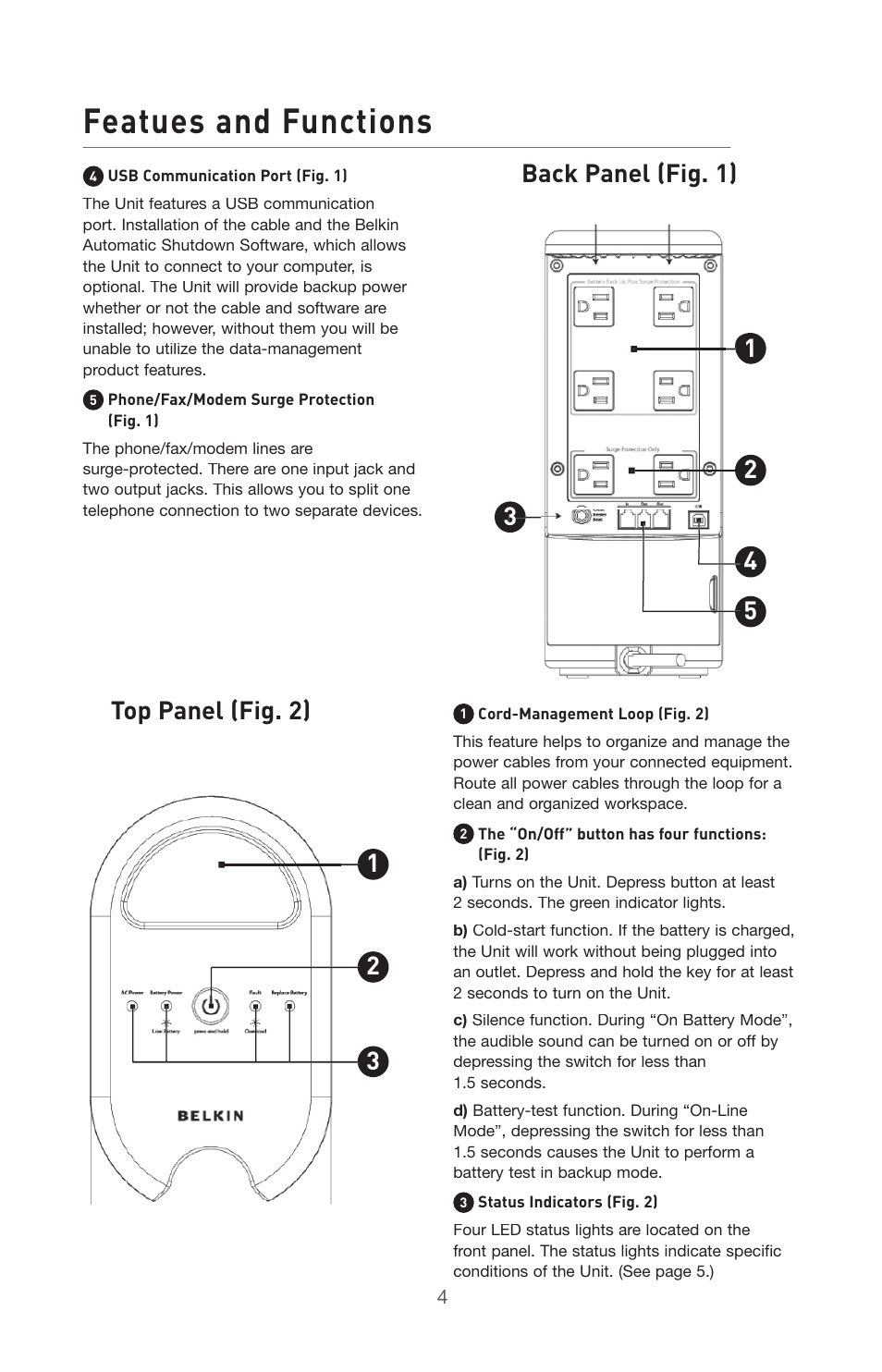 Featues and functions, Top panel (fig. 2) | Belkin BU305500-USB User Manual | Page 4 / 12