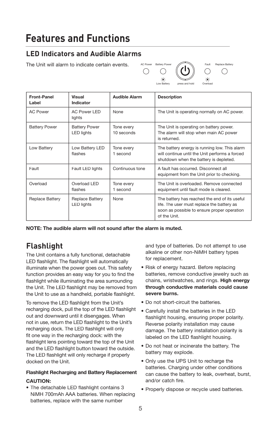 Features and functions, Flashlight, Led indicators and audible alarms | Belkin BU305500-USB User Manual | Page 5 / 12
