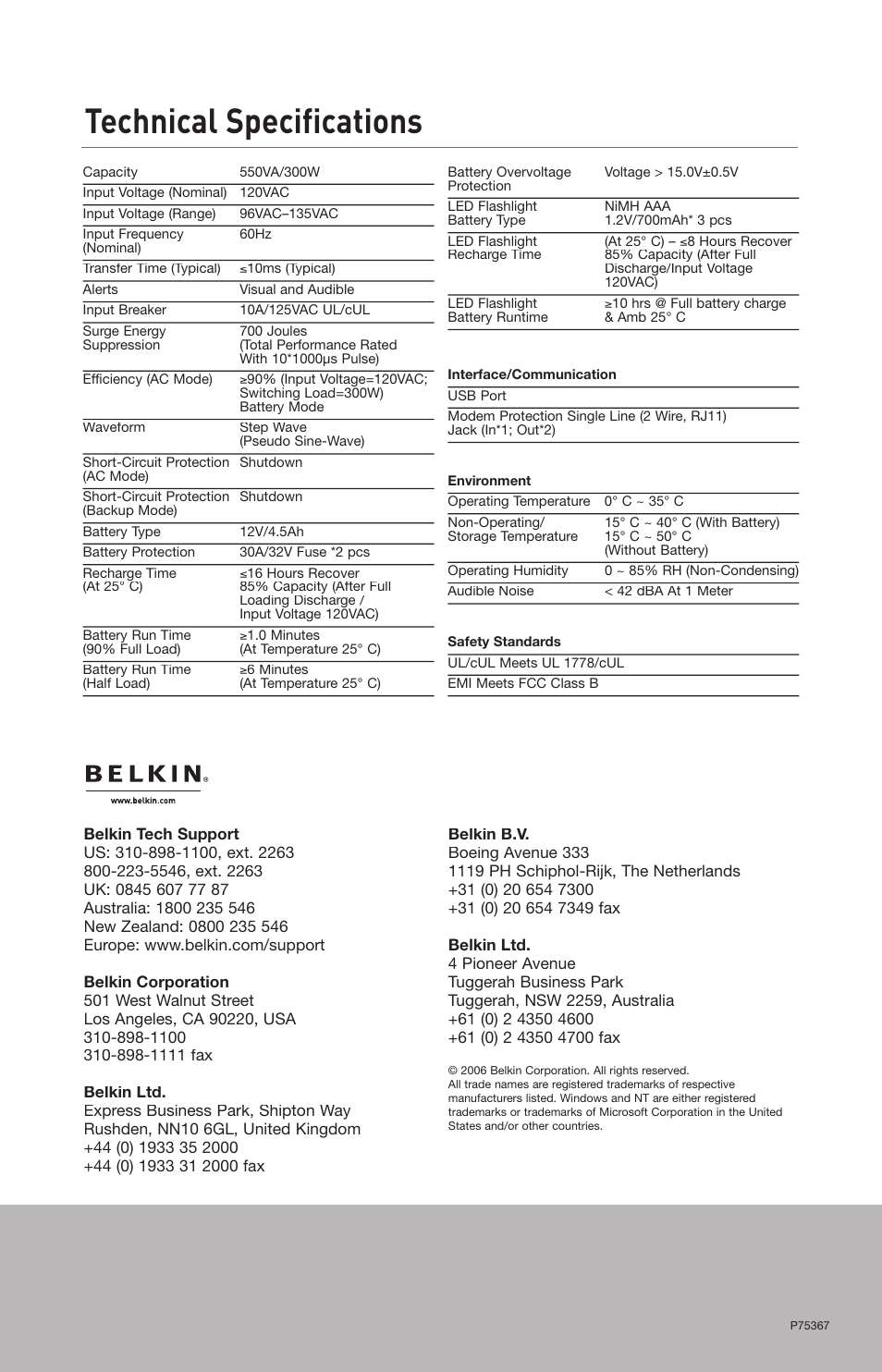 Technical specifications | Belkin BU305500-USB User Manual | Page 6 / 12