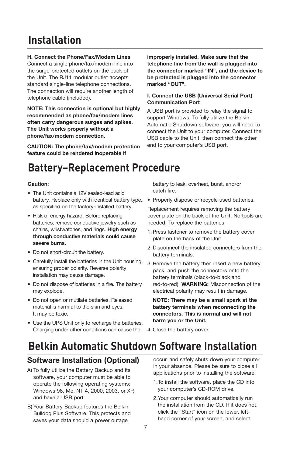 Installation, Battery–replacement procedure, Belkin automatic shutdown software installation | Software installation (optional) | Belkin BU305500-USB User Manual | Page 8 / 12