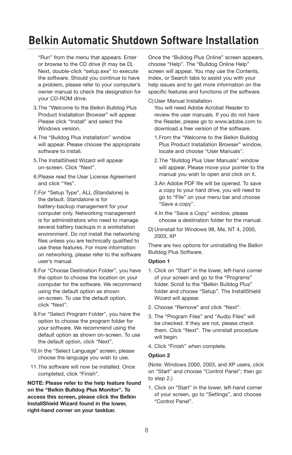 Belkin automatic shutdown software installation | Belkin BU305500-USB User Manual | Page 9 / 12