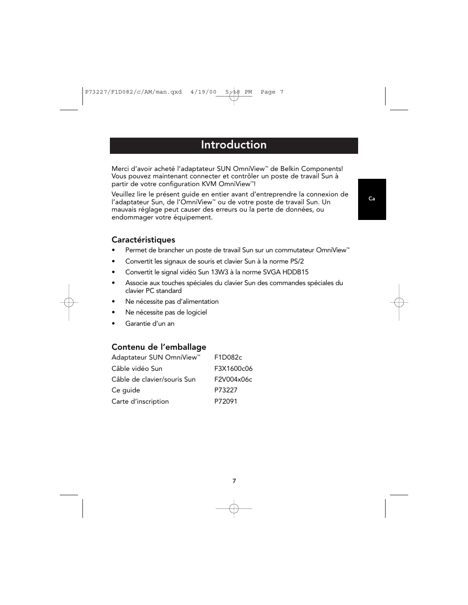 Introduction, Caractéristiques, Contenu de l’emballage | Belkin F1D082 User Manual | Page 11 / 28