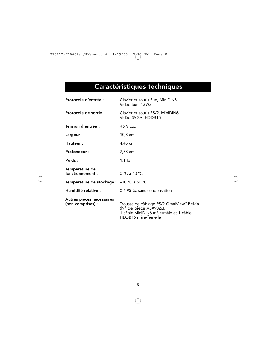 Caractéristiques techniques | Belkin F1D082 User Manual | Page 12 / 28