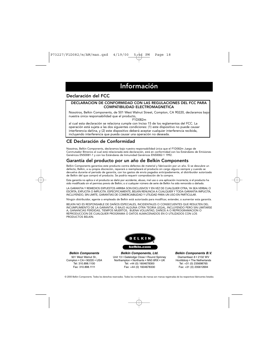 Información, Declaración del fcc, Ce declaración de conformidad | Belkin F1D082 User Manual | Page 22 / 28