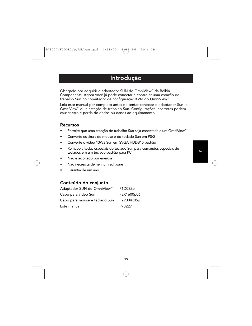Introdução, Recursos, Conteúdo do conjunto | Belkin F1D082 User Manual | Page 23 / 28