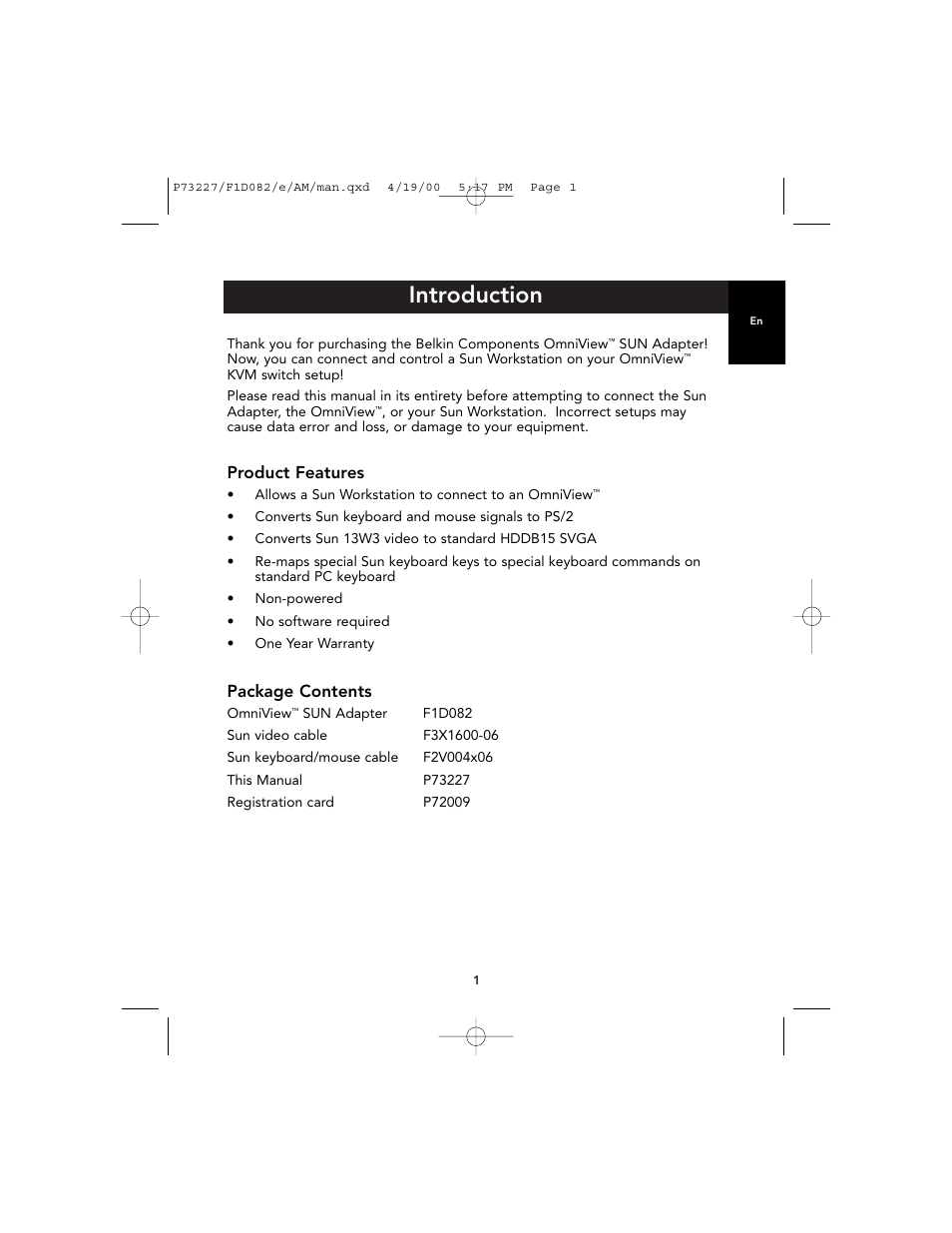 Introduction, Product features, Package contents | Belkin F1D082 User Manual | Page 5 / 28